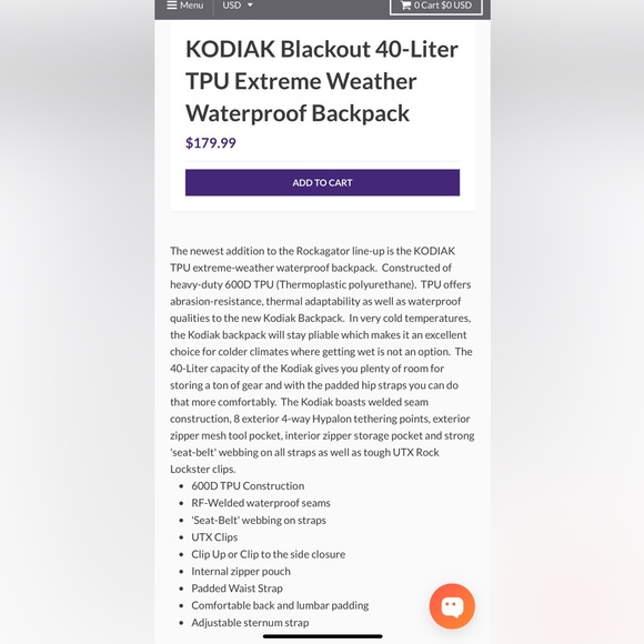 KODIAK Blackout 40-Liter TPU extreme weather Waterproof Backpack NEW - Picture 6 of 6